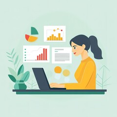 flat design illustration of businesswoman working on laptop with innovation economy charts