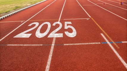 Running Towards 2025 - New year, new goals, running track, competition, future.  Symbolizes ambition, progress, and achievement.