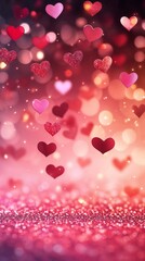 Blurred glittering hearts and lights. Gradient pink and red abstract backdrop. Romantic and love concept. Valentine's Day background. Vertical banner