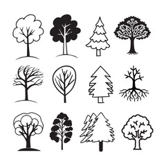 Set of vector hand drawn different type trees icon art 