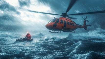 Fototapeta premium Rescue helicopter rescues a shipwrecked man in a stormy sea, ai generative
