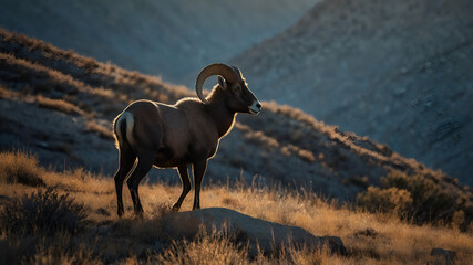 Dark silhouette of bighorn sheep in mountains 