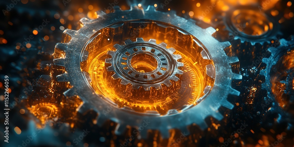 Poster gears mesh together, creating a vibrant display of light and movement in a steampunk-inspired settin