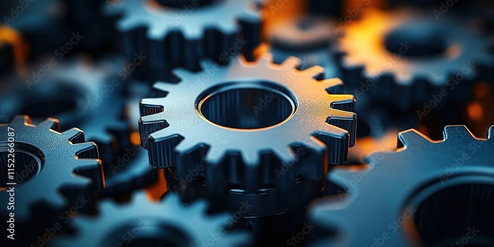 Poster close-up view of metal gears creating intricate mechanical connections in a dark industrial setting