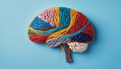 Human brain made of multi-coloured tangled yarns on a blue background, banner style with a copy space, symbolizing neurodiversity and mental disorders.