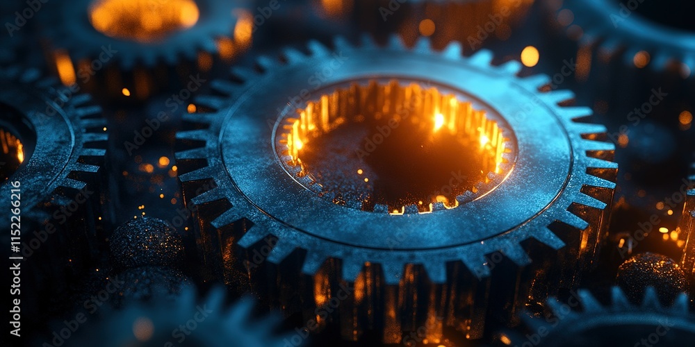 Poster close-up view of interlocking gears with glowing edges in a mechanical setup during dim lighting
