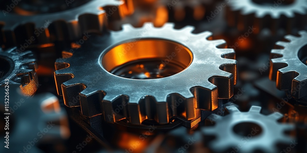 Poster close-up of interlocking metal gears illuminated by warm light in a mechanical setting