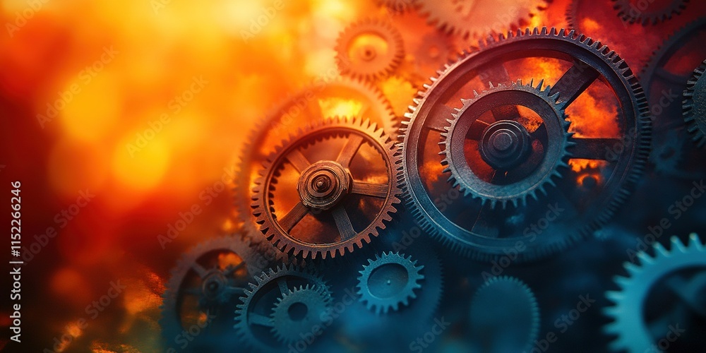 Poster gears interlocked in motion create a dynamic display of mechanical engineering at sunset