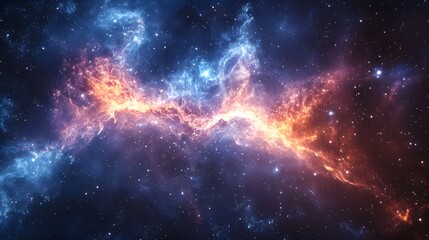 Colorful cosmic nebula with vibrant orange and blue hues against a starry backdrop.
