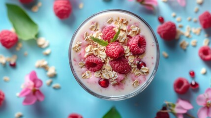 Naklejka premium Healthy bowl of yogurt with fresh raspberries and granola