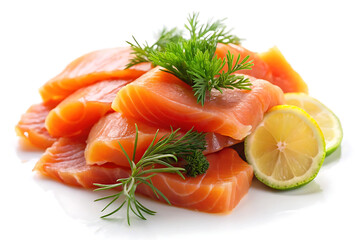 smoked salmon slices with dill on white background