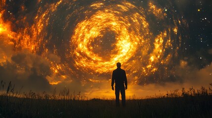 Fototapeta premium A silhouetted figure gazes at a swirling cosmic vortex, evoking awe and wonder.