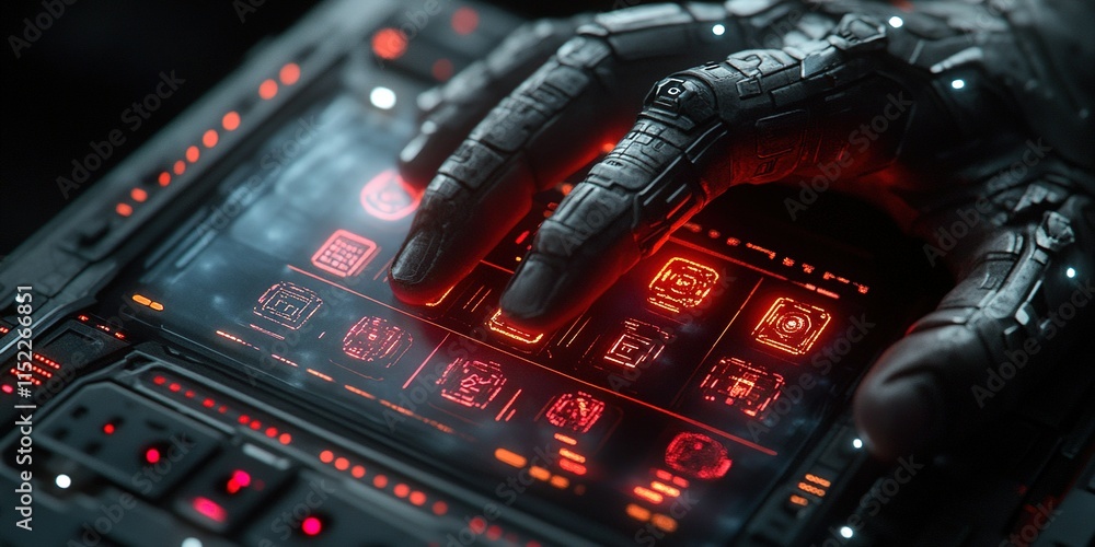 Poster robot hand interacting with futuristic control panel displaying vibrant interface in a dark setting