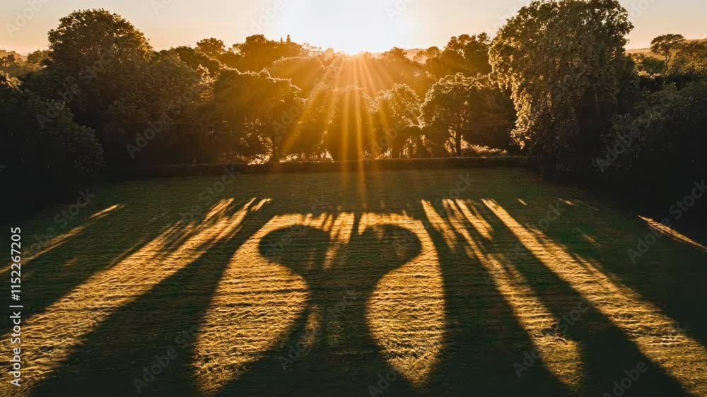 Poster sunset rays create heart-shaped shadows in a tranquil park setting