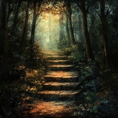 stone steps lead through a forest towards a glowing light