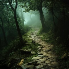 Obraz premium a stone path winds through a foggy forest