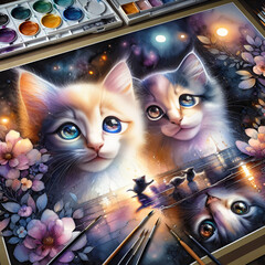 Two cute cats with fiery eyes. Reflection of kittens in the mirror.