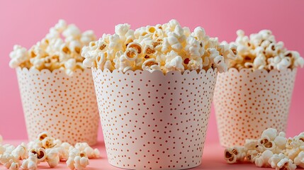 Delicious popcorn at the stand on pink background, creating a perfect night at the cinema. Popcorn stand for a movie night at the cinema on a cozy night out with friends or family