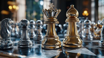 Golden king and silver lying pawns. Game and challenge concept. 3d rendering