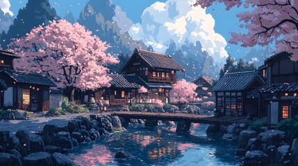 Obraz premium Serene Japanese village under blooming cherry blossoms at sunset.