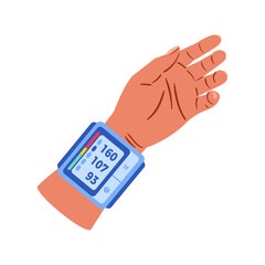 Wrist blood pressure monitor. Sphygmomanometer, a device for measuring bp, checking heart rhythm. Systolic and diastolic. Medical equipment. Improving quality of life. Hypertension