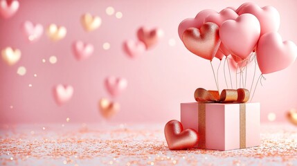 Volumetric 3D gift boxes with shiny heart-shaped balloons stand on the floor surrounded by golden confetti on a soft pink background with a blurred garland of hearts bokeh