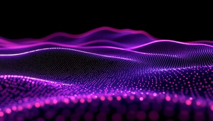 Abstract Purple Glowing Waves. Digital Data Visualization With Dots And Lines. Technology Background
