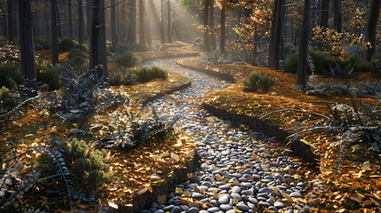 A winding trail through a forest carpeted with golden autumn leaves