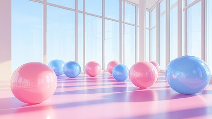 Naklejka premium Airy pink and blue balloons scattered across the floor in a sleek, modern setting, reflecting playful elegance.