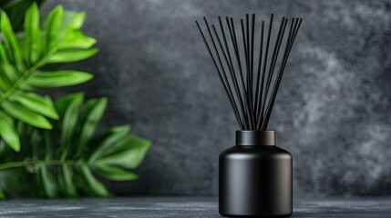 Black matte ceramic diffuser with sleek reed sticks adds a touch of boho elegance against a dark grey backdrop, creating a calming atmosphere