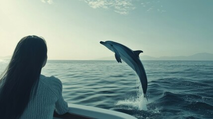 Woman enjoys watching dolphins jump while sailing on a yacht in clear ocean waters