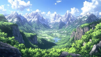 Stunning mountain landscape with lush greenery and a serene valley view.