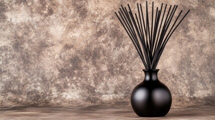Black matte ceramic diffuser with sleek reed sticks adds a touch of boho elegance against a dark grey backdrop, creating a calming atmosphere