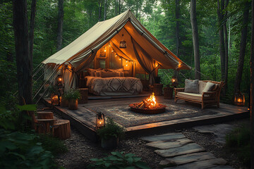 A modern glamping setup featuring a luxurious tent with stylish furniture, soft lighting, and a cozy fire pit under the stars
