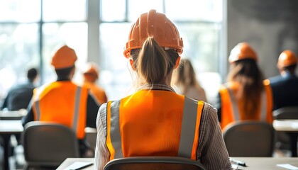 A group of construction workers in safety gear attentively listening in a training session
