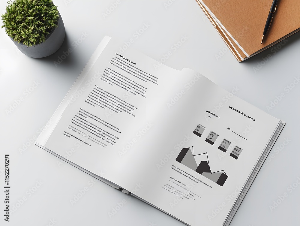Poster a modern business report open on a table, showcasing graphs and charts that illustrate important dat