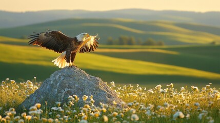 Majestic Bald Eagle Perched on Rock, Wings Spread in Golden Sunset over Rolling Hills