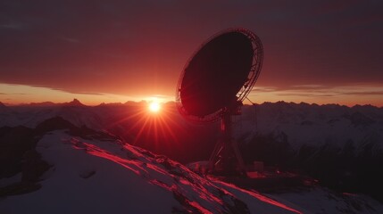 Mountain Peak Communication Setup at Sunrise