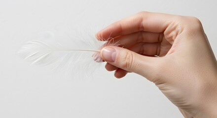 Hand Holding Delicate White Feather Against Plain Background

