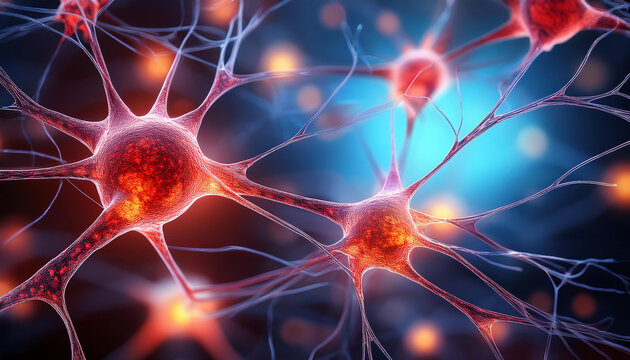 Microscopic view of glowing red neurons interconnected. Science and medicine concept.