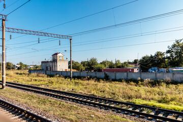 Fototapeta premium A train is on the tracks and the sky is blue