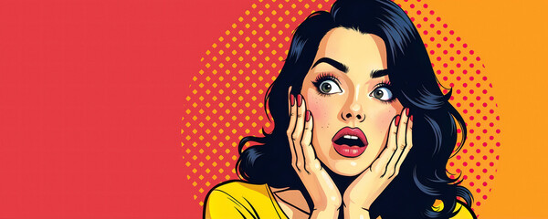 Woman with Female Surprise Expression in Retro Vibrant Pop-Art Style. Orange and red background with cartoon, vintage polka dots.
