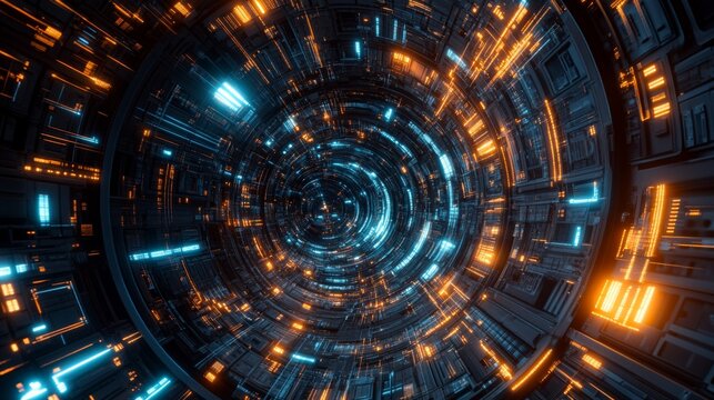 Futuristic Technological Tunnel With Glowing Blue and Gold Lights, Digital Tunnel, 3D Rendering