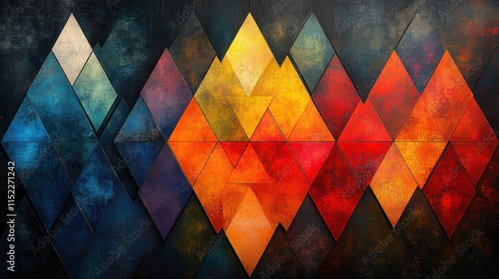 Poster abstract geometric artwork with colorful triangles in a textured background.