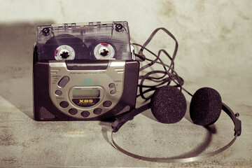Portable music player from the 80s and 90s with cassette. Walkman.