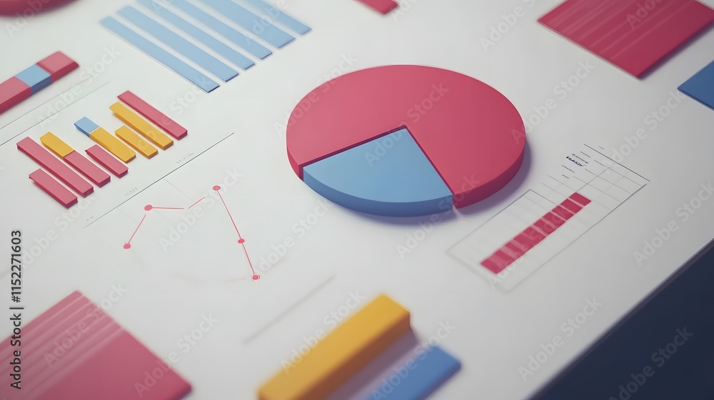 Poster colorful and modern data visualization elements including pie charts and bar graphs on a clean backg