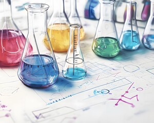 Colorful laboratory glassware filled with various liquids sits atop a scientific diagram