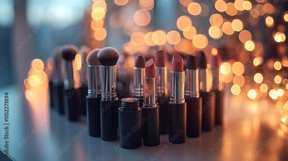 Poster makeup brushes and lipsticks arranged on a table with bokeh lights in background.