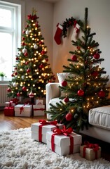 Christmas tree and gifts on white carpet in cozy living room 