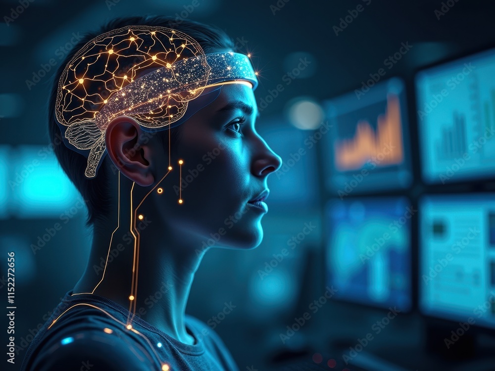 Poster innovative technology showcases brain activity visualization during cognitive analysis in a high-tec